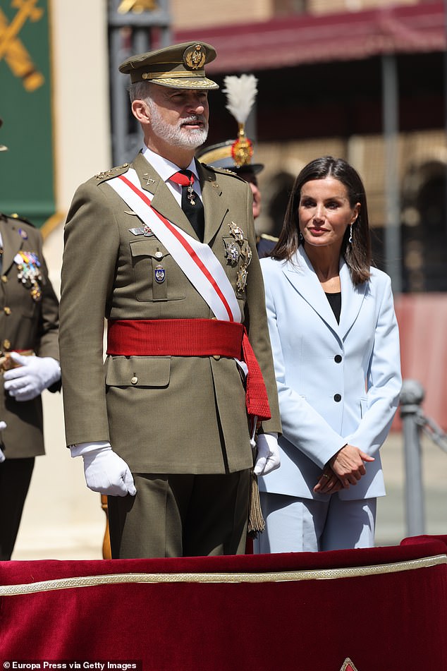 Queen Letizia looked elegant and regal in a light blue suit while with her husband, King Felipe, at a ceremony commemorating their military promotions at the General Military Academy in Zaragoza earlier this month.