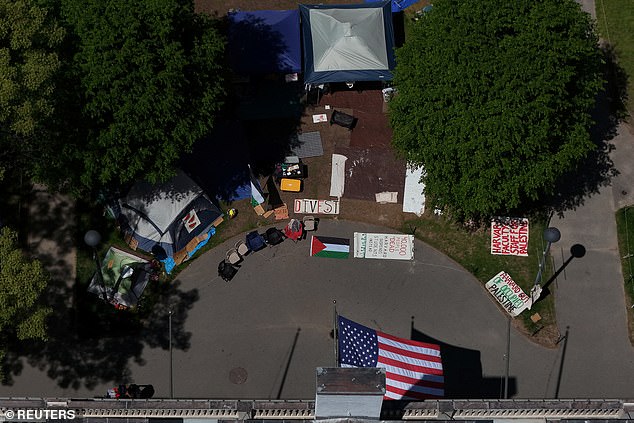Pro-Palestinian protesters at Harvard have announced they will end the camp on campus after three weeks because their demands were ignored.  The camp is seen on Monday.