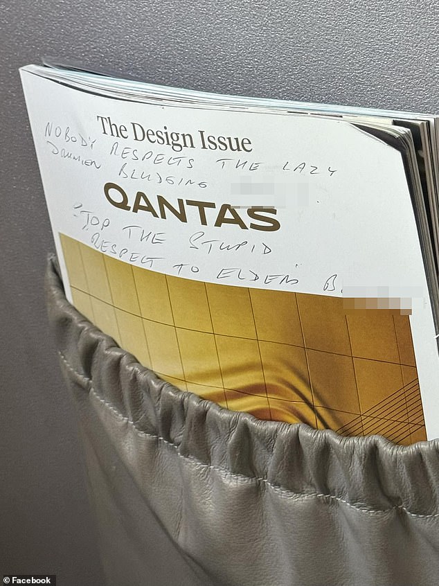 The husband of former Indigenous Olympian federal senator Nova Peris was shocked to see the racist scrawl left on the cover of a Qantas in-flight magazine.