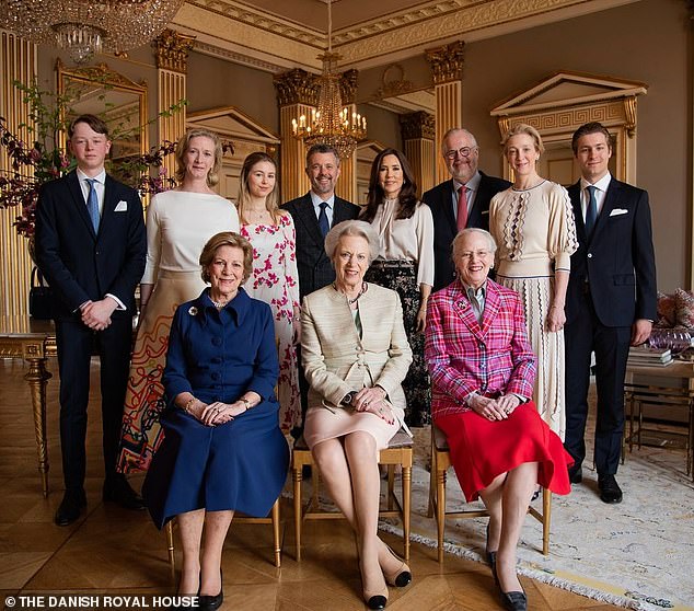 Queen Mary and King Frederick posed for a photograph with Princess Benedikte on her 80th birthday at Frederick VIII's Palace in Amalienborg (pictured: front row left, Queen Anne Mary of Greece, Princess Benedikte, 80 years old , Queen Margaret, 84, back row left, Gustav Heinrich Richard, 14, Princess Nathalie of Sayn-Wittgenstein-Berleburg, 49, Countess Ingrid von Pfeil und Klein-Ellguth, King Frederik, Queen Mary, Count Michael Ahlefeldt-Laurvig -Bille, 59, Princess Alexandra of Sayn-Wittgenstein-Berleburg, 53, and Count Richard von Pfeil und Klein-Ellguth)