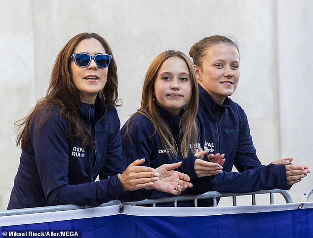 Pictured: Queen Mary with Princess Josephine and her eldest daughter Princess Elizabeth at the Royal Run in Copenhagen.