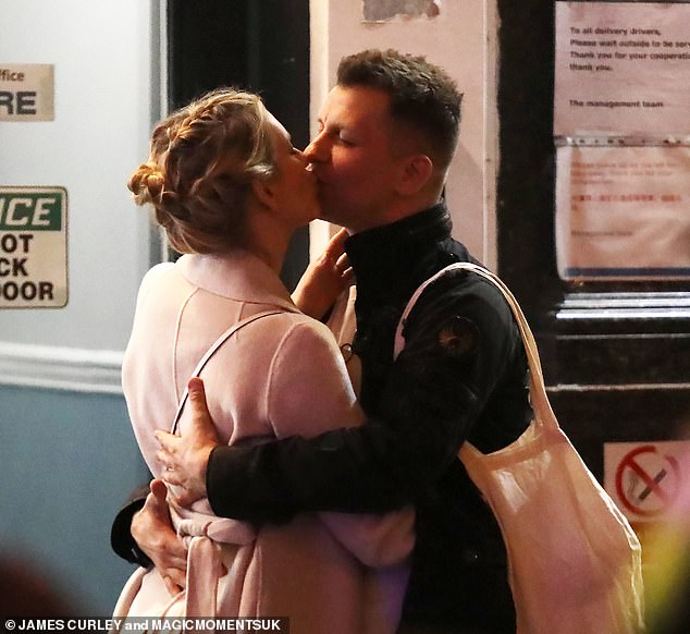 Rachel Riley and her husband Pasha Kovalev packed on the PDA as they left the London Palladium on Saturday.