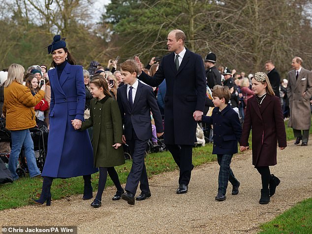 Kate was last seen in public on Christmas Day. Pictured with Princess Charlotte, Prince George, Prince William, Prince Louise and Mia Tindall.