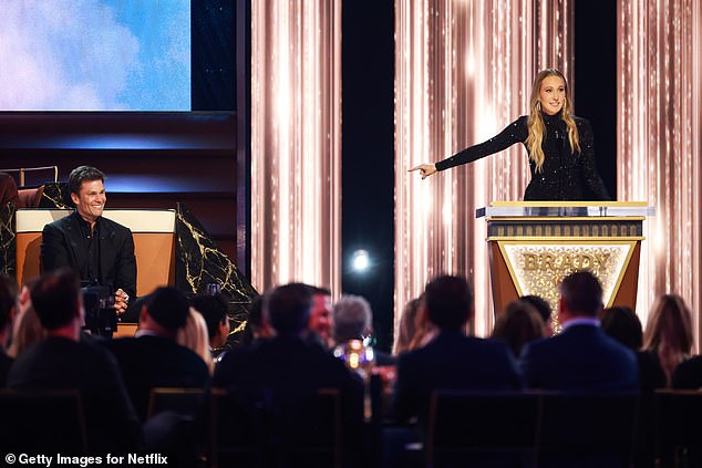 Gronkowski was brutally mocked by comedian Nikki Glaser (right) as part of a joke about Brady and cryptocurrencies.