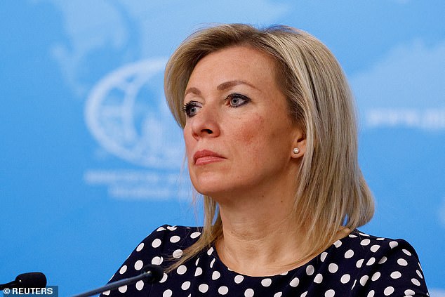 Speaking on Wednesday, Russian Foreign Ministry spokeswoman Maria Zakharova (pictured in January) said the accusation that her country was involved in the aid center fire was part of an information war against Moscow. amid Vladimir Putin's continued invasion of Ukraine.