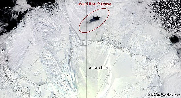 The Maud Rise polynya appeared in the winters of 2016 and 2017 and was almost twice the size of New Jersey.  Pictured: A satellite image of the polynya in 2017.