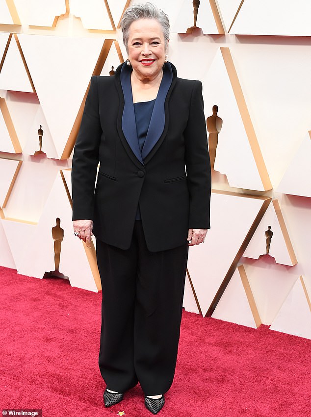 Kathy Bates revealed that Kim Kardashian once offered to feature her in an ad for the reality star's SKIMS shapewear line;  Kathy photographed at the 2020 Oscars