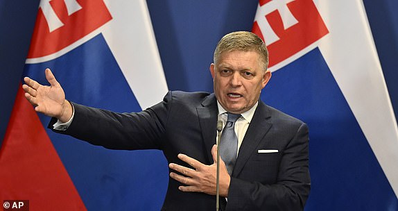 FILE - Slovakia's Prime Minister Robert Fico speaks during a news conference with Hungary's Prime Minister Viktor Orban at the Carmelite monastery in Budapest, Hungary, Tuesday, Jan. 16, 2024. Slovakia's populist prime minister , Robert Fico, was injured in a shooting on Wednesday, May 15, 2024. 2024 and taken to the hospital. (AP Photo/Denes Erdos, File)