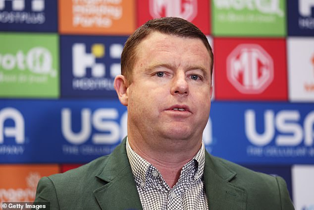 Chief executive Blake Solly (pictured speaking to the media on Wednesday) admitted the club's heavy defeat to Melbourne last Thursday was the final straw for Demetriou.