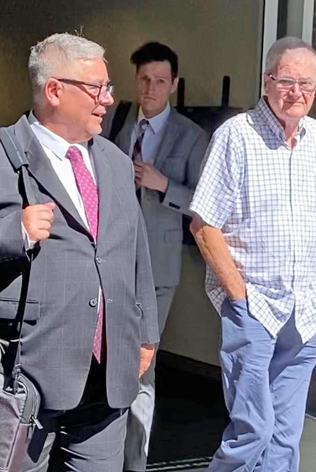 Stephen Corbett (pictured centre) leaves Waverley Local Court in March 2023 with his solicitor (left) and his father.