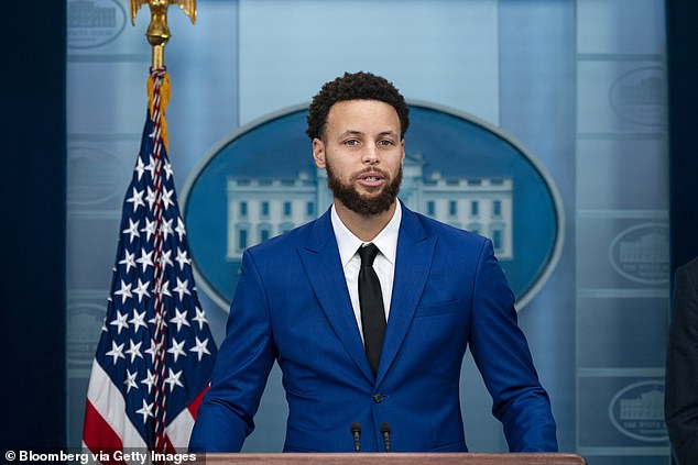 Warriors star Stephen Curry speaks during a press conference at the White House in January 2023.