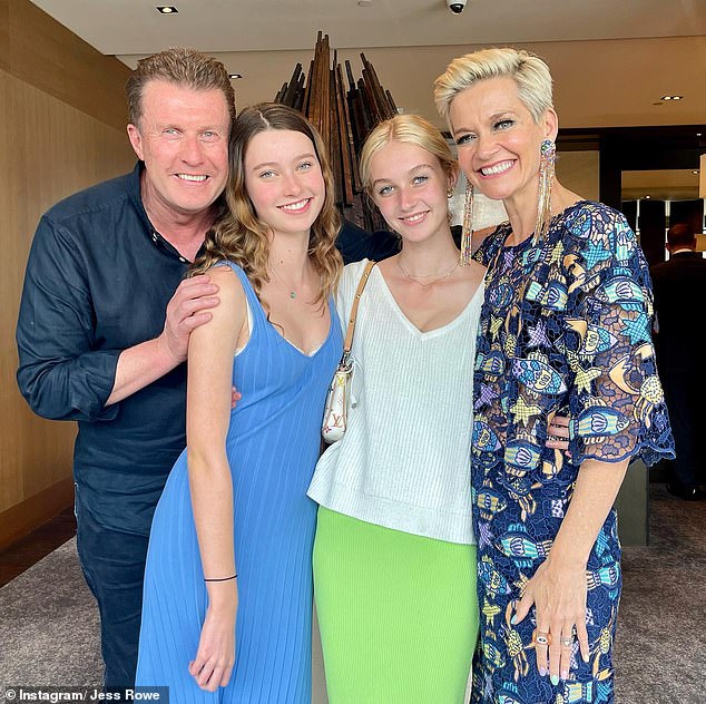 Allegra (second from right) is the first child of Jessica Rowe (right) and Channel Nine presenter Peter Overton (left).