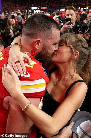 Travis Kelce and Taylor Swift celebrate their Super Bowl victory