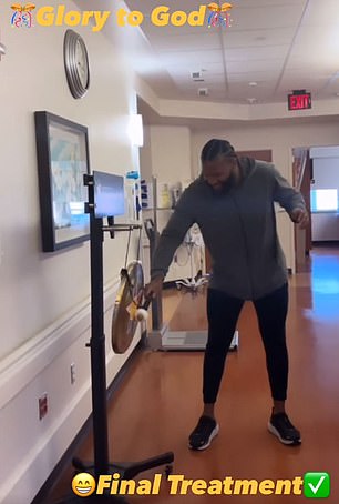 The 23-year-old bangs a gong to celebrate the end of his chemotherapy treatment.