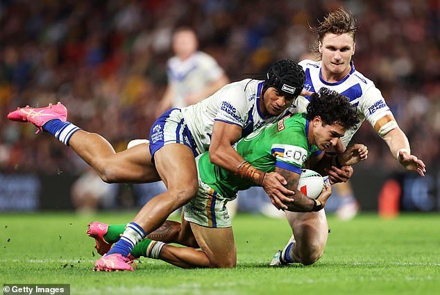 It has been reported that the person allegedly in possession of the drugs was a guest of a Canterbury sponsor (pictured, the Bulldogs in action against Canberra during the Magic Round. Daily Mail Australia does not infer any wrongdoing on the part of the Bulldogs or their sponsors).