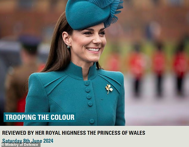 The confirmation comes after the Army removed a claim made in March on its website that Kate would appear in Trooping the Color (pictured) and had started selling tickets.