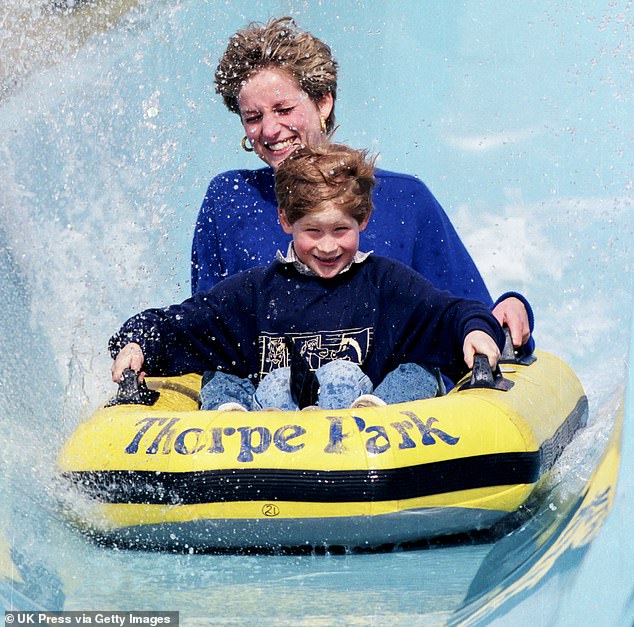 Diana, Princess of Wales, enjoys a moment of joy with Prince Harry on the Depth Charge ride in Thorpe Park in 1992.