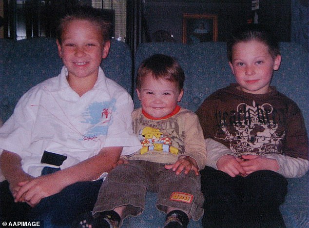 Jai, Bailey and Tyler Farquharson (pictured left to right) died when their father pushed them into a dam in Victoria in 2005.