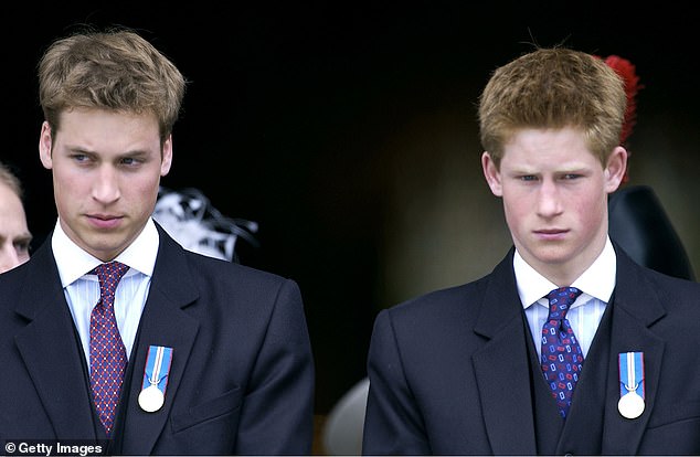 Prince William and Prince Harry look serious as they leave the Queen's Golden Jubilee celebration service at St Paul's Cathedral in 2002.