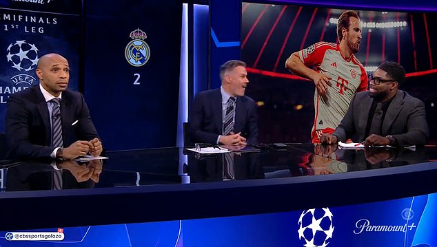 Thierry Henry (left) sent Jamie Carragher (center) a brutal humiliation on Tuesday night's CBS Sports Golazo.