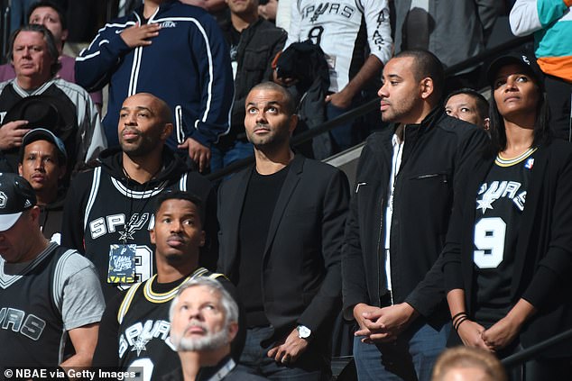 Friends Tony Parker (C) and Thierry Henry at an NBA game in San Antonio, Texas in 2019