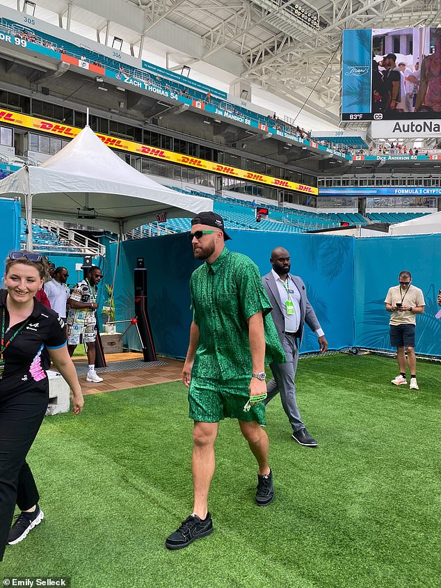 Travis Kelce arrives at the Miami Grand Prix after a