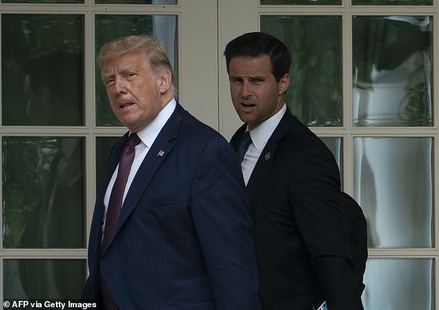 McEntee began working for Trump at the age of 25 as his 'body man', carrying the then-presidential candidate's bags and delivering messages, and by 2020 (pictured) was a powerful aide in charge of hiring and firing staff. .