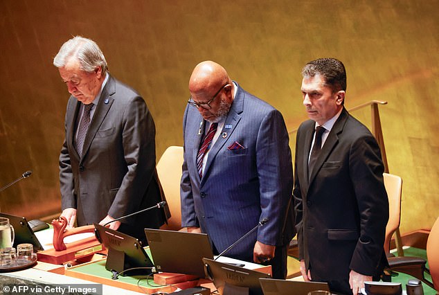 UN Secretary-General Antonio Guterres (left) during a moment of silence during a United Nations (UN) General Assembly tribute to the late Iranian President Ebrahim Raisi at UN headquarters in New York on 30 May 2024.