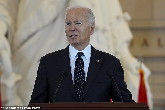 President Joe Biden speaks at the U.S. Holocaust Memorial Museum's annual Days of Remembrance ceremony at the U.S. Capitol on May 7, 2024 in Washington.