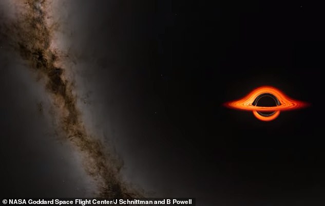 As the video begins and the 'camera' zooms into the void, we can see the bright orange 'accretion disk' with a starry galaxy in the background.