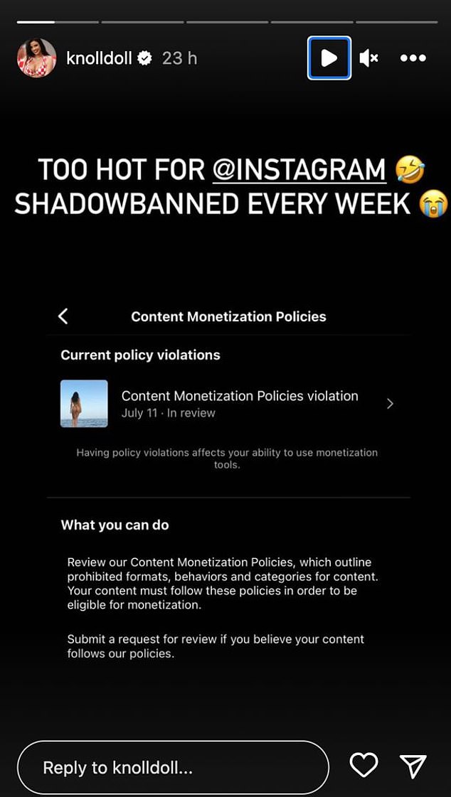 The Croatian model posted a screenshot of the message she received from Instagram stating that her post cannot be monetized.