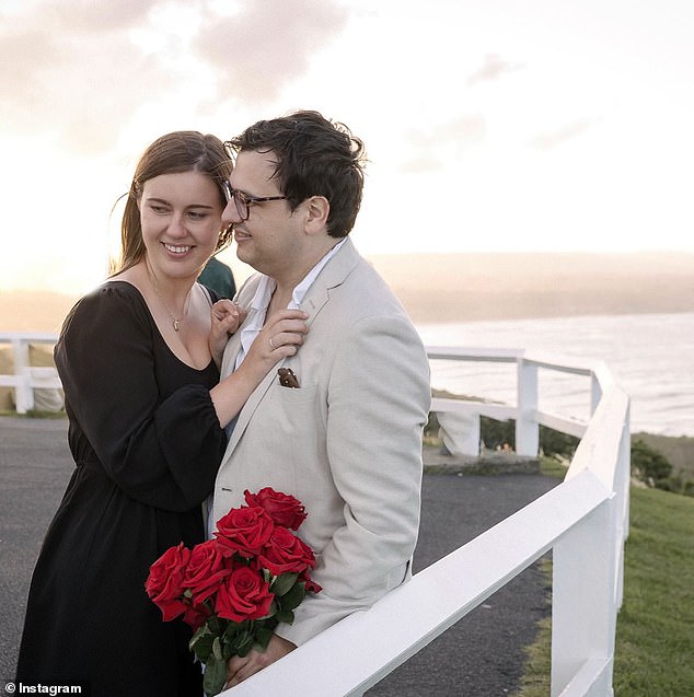 Brittany Higgins is pictured with David Sharaz after he popped the question in December 2022.