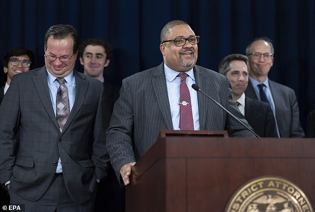 Manhattan District Attorney Alvin Bragg reacts during a press conference held after former US President Donald Trump was found guilty of all 34 counts in his criminal trial.