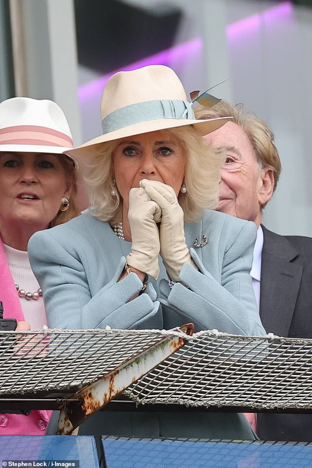 Camilla watched the race unfold, with Treasure originally starting strong.