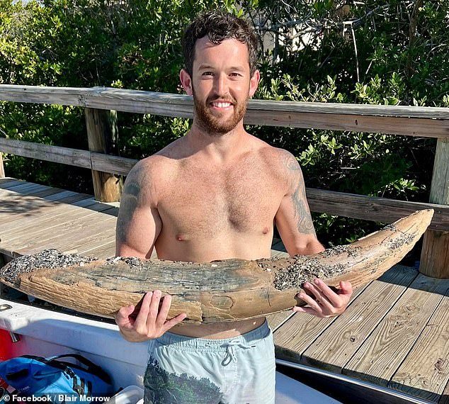 Alex Lundberg (pictured holding the mastodon tusk) said he hopes to preserve the fossil and was surprised that it remained intact when he pulled it out of the water.