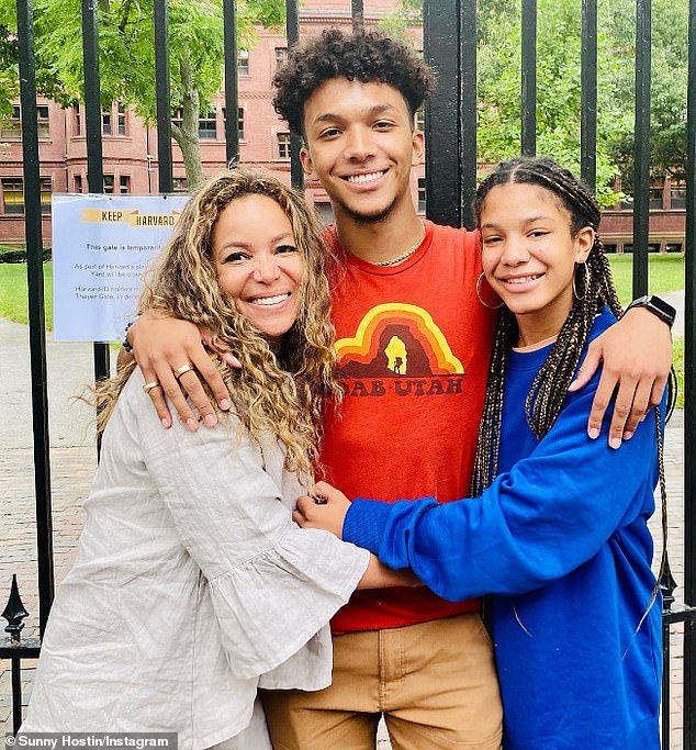 Sunny pictured with her son Gabriel, who goes to Harvard, and her daughter Paloma