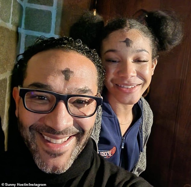 Sunny's husband, Emmanuel Hostin, photographed with their daughter Paloma in a post shared in February 2023.