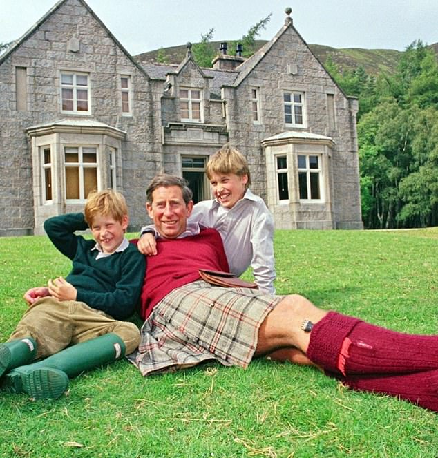 Prince William and Prince Harry with their father at Birkhall in June 1994. The image was released by King Charles to mark Father's Day in 2022.