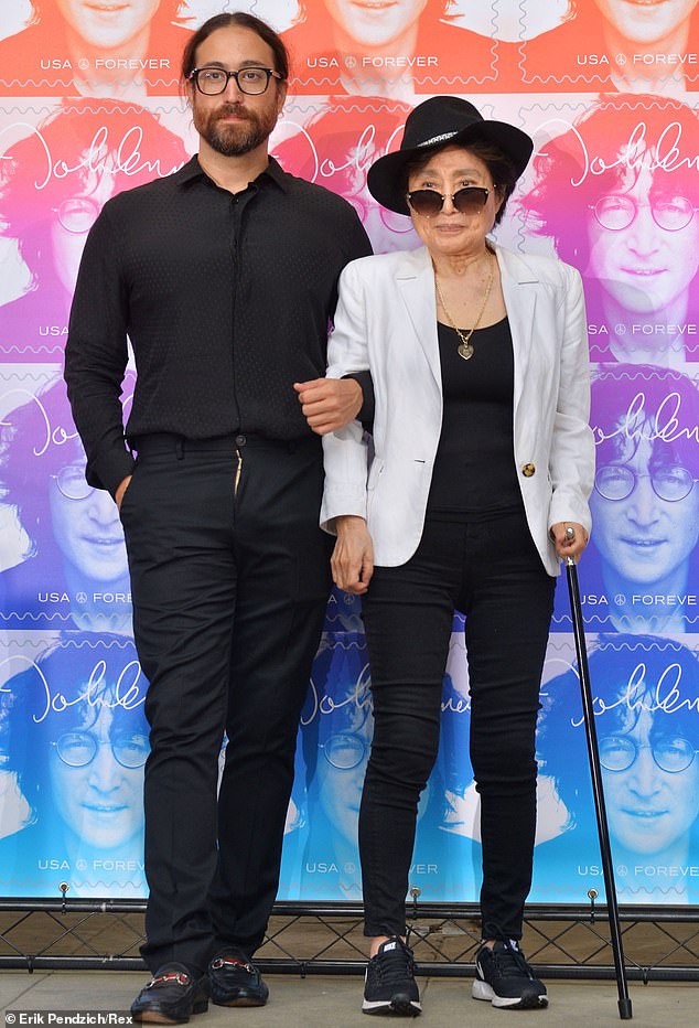 Yoko Ono and Sean Lennon at the John Lennon stamp design unveiling ceremony in 2018 in New York