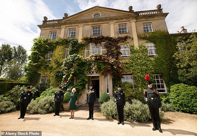 Camilla, then Duchess of Cornwall, seen outside Highgrove with General Sir Patrick Sanders during a ceremony for the transfer of Colonel-in-Chief of Prince Philip's Rifles to her, 2020