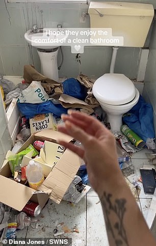 Before Diana cleaned this bathroom, it was covered in piles of trash.