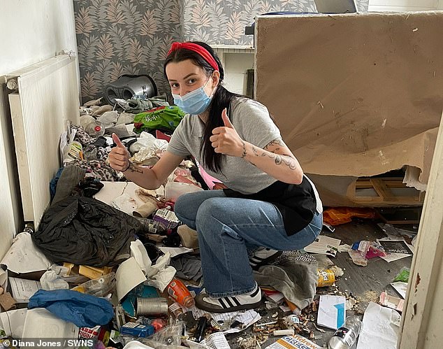 According to Diana (pictured at work, cleaning a very messy room), she started cleaning full-time in January 2024 after helping her mother with household chores, which left them both 