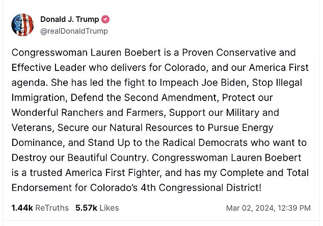 Earlier this year, in a Truth Social post, Trump referred to Boebert as a 