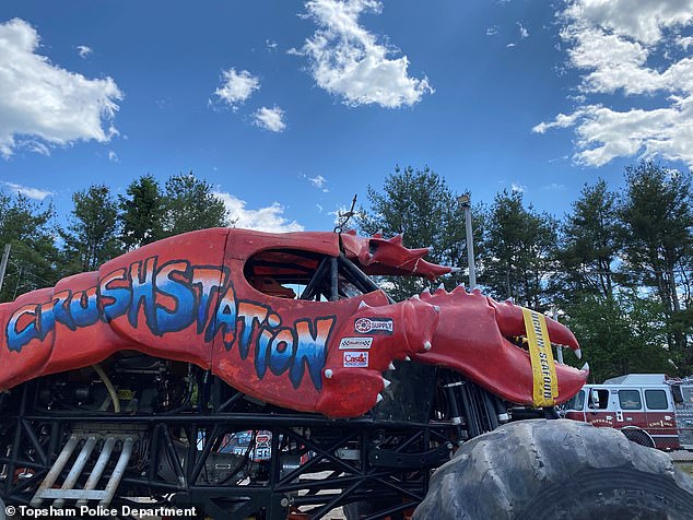 In the images, a red monster truck with the words 