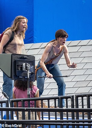 For the dramatic sequence, she was seen filming on a rooftop with three teenage actors, including Maisy Stella.