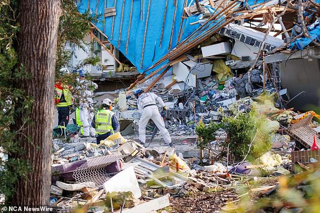 Rescuers have intensified their desperate search for Mhey, who is feared trapped under rubble after the explosion in Whalan, western Sydney, which decimated the housing complex (pictured).