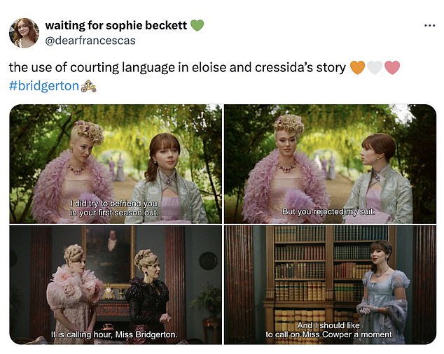 Since the release of the first part of season three, viewers have pointed out the ways in which they believe there is love at stake for Eloise and Cressida, pointing out their use of 'courtship language' together.