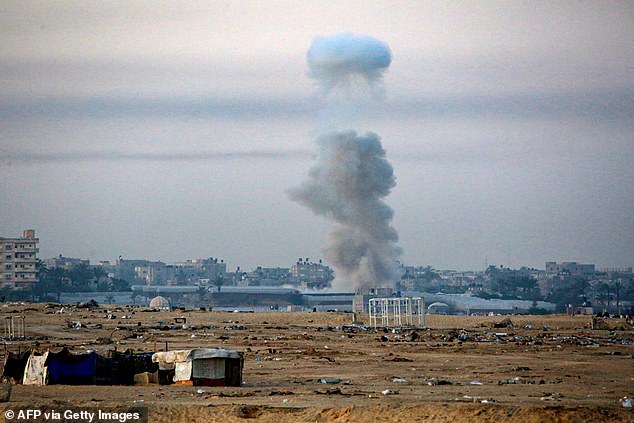 Smoke rises after Israeli bombing in Rafah, southern Gaza Strip, on May 31, 2024.