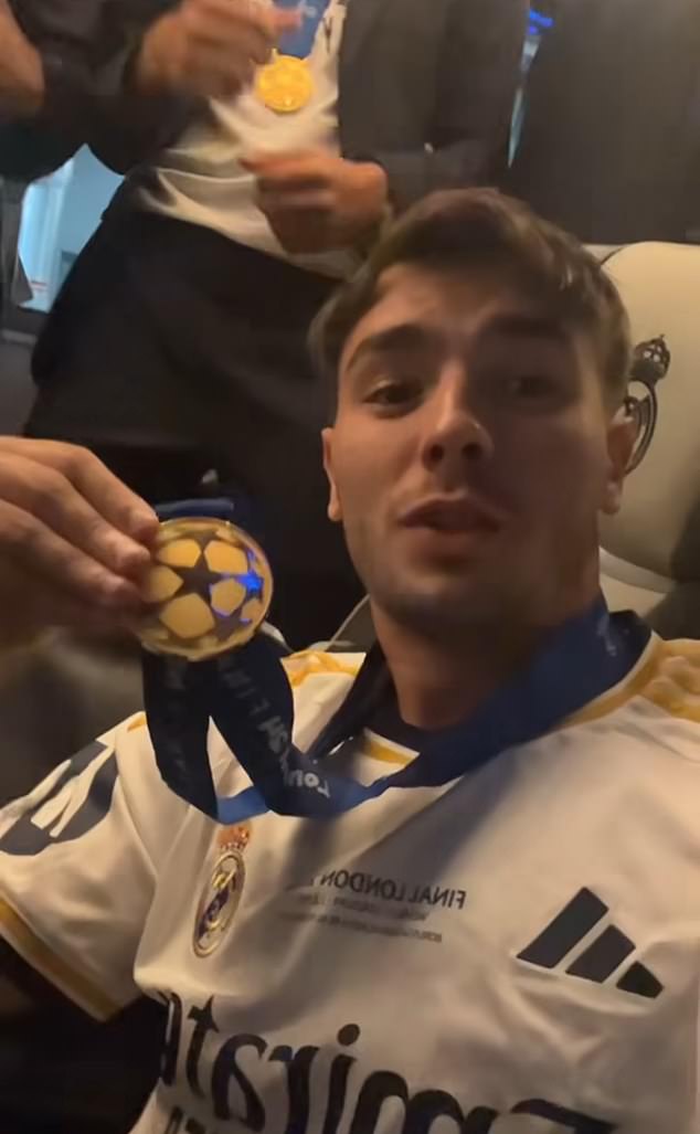 Brahim Díaz (pictured) lifted his medal while posting a video of Madrid players dancing on the bus.