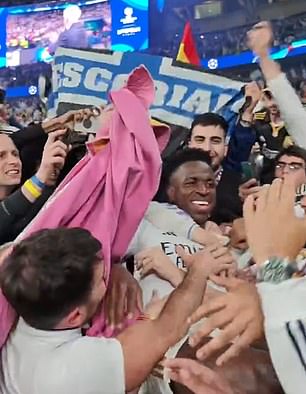 Vinicius (center) had been a threat throughout the game and took advantage of a pass from Bellingham to score Madrid's second in the 83rd minute.